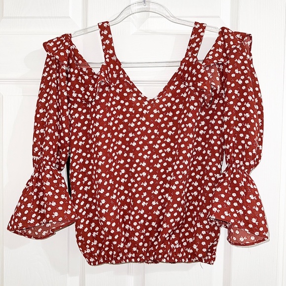 Orange & White Floral Ruffle Flowy Cold Shoulder Long Sleeve Top - Size Small - Picture 4 of 5
